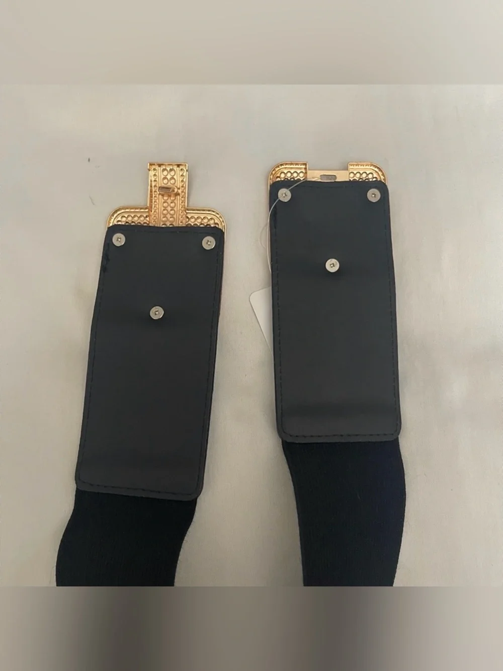 Black PU leather gold tone buckle elastic waistband belt